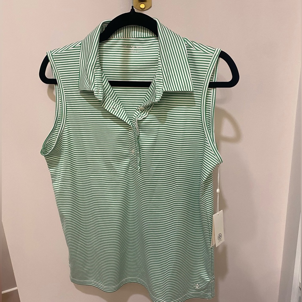 Tory Burch PERFORMANCE STRIPED SLEEVELESS RUFFLE POLO